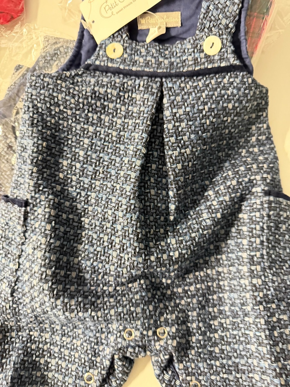 Tweed overall size 12 months with pockets, gray with blue new with tags excellen
